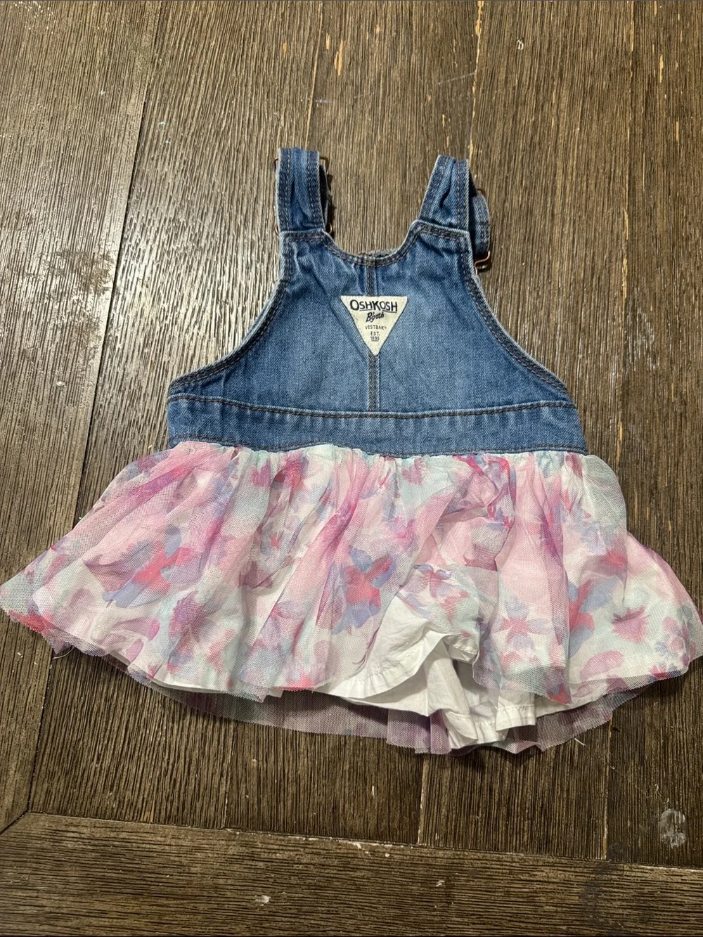 OshKosh B’gosh Baby Girl 6M Denim Jumper Dress Floral Tulle Skirt